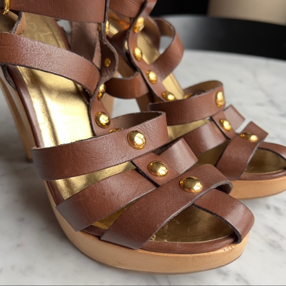Michael by Michael Kors NWOT High Heel Platform Sandals Brown Leather Studded - Picture 5 of 12